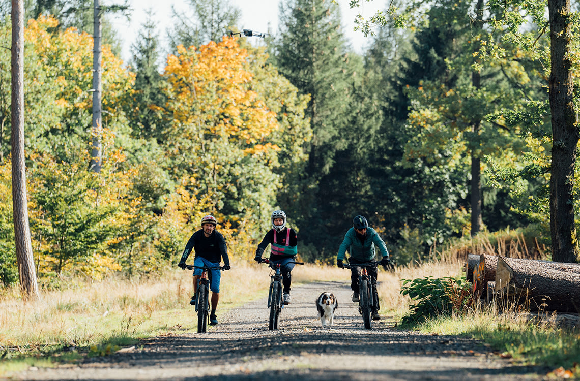 Cyclist friends riding together on mountain bikes.