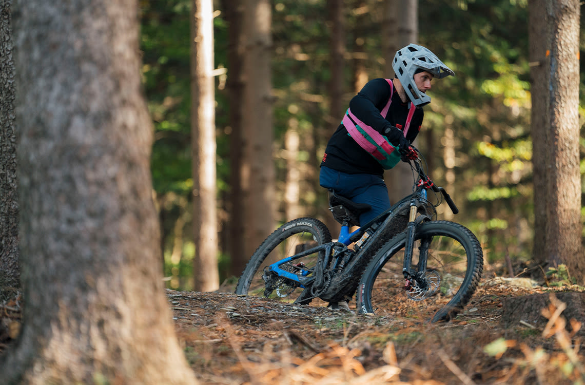 Mountain biker riding in the forest.