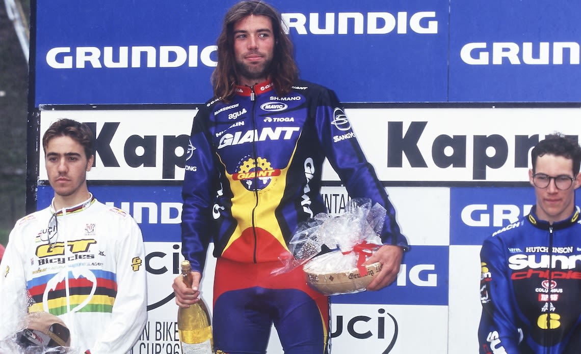 Rob Warner on the podium at the Kaprun World Cup MTB race in 1996.