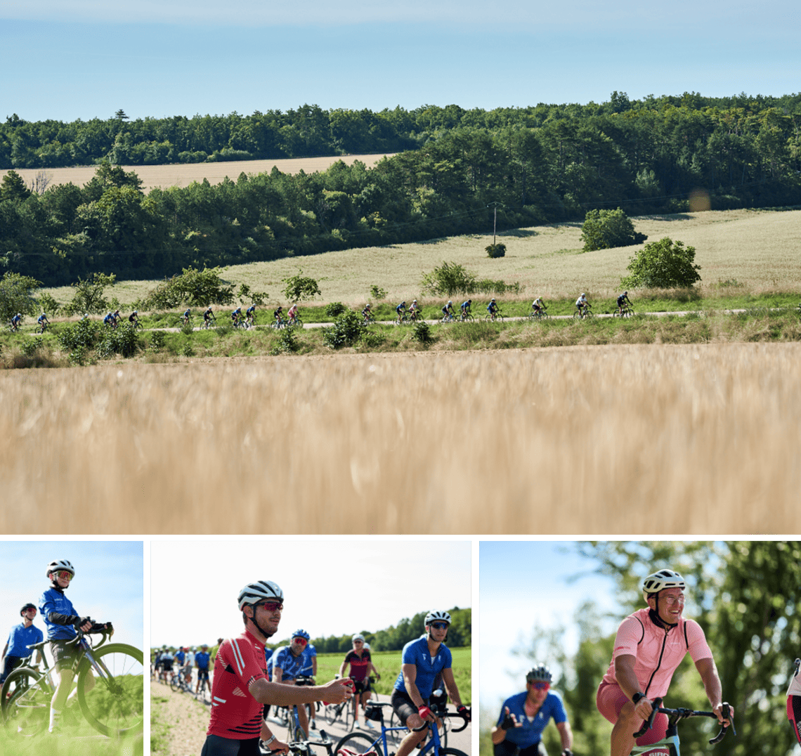 Cyclists riding together during a Giant Store Dijon community ride inspired by Joffrey Degueurce’s cycling philosophy