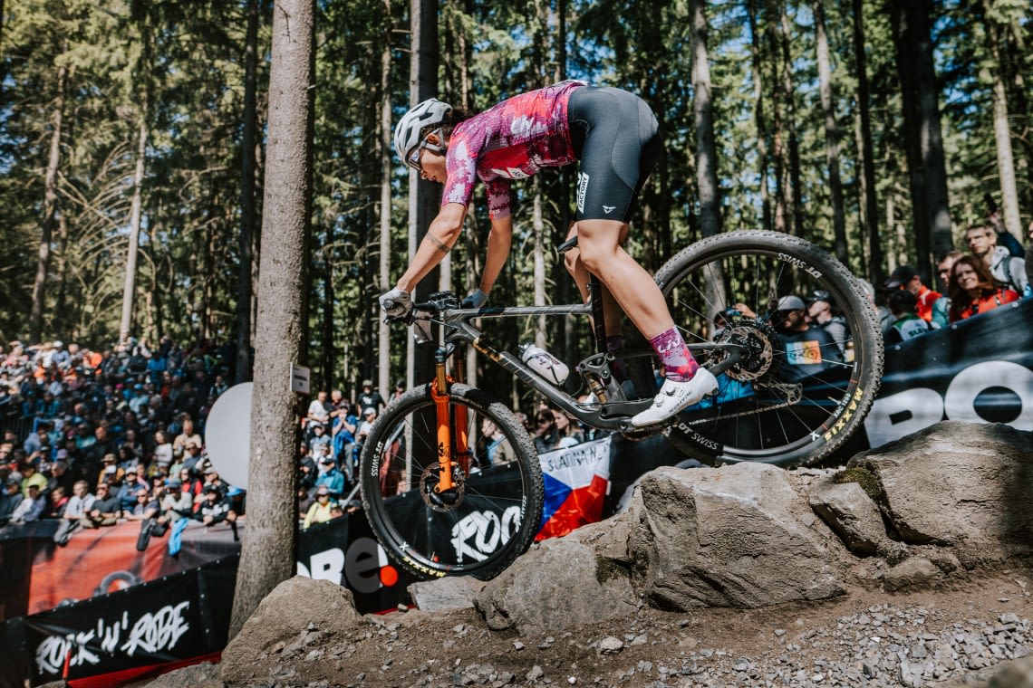 A technical rock garden at the 2025 XCO World Cup in Nove Mesto