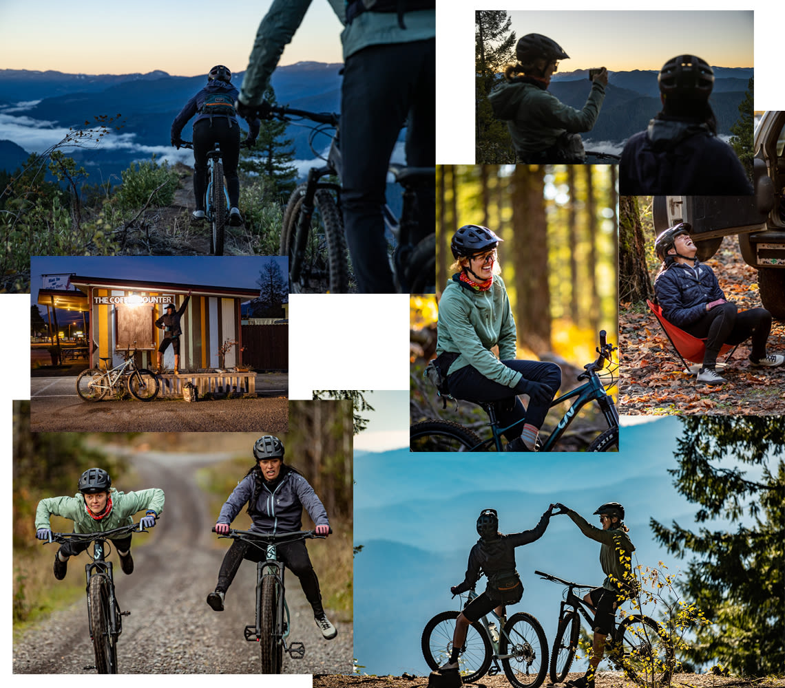 a collage of photos showing Eddie and Geneva's friendship while riding mountain bikes