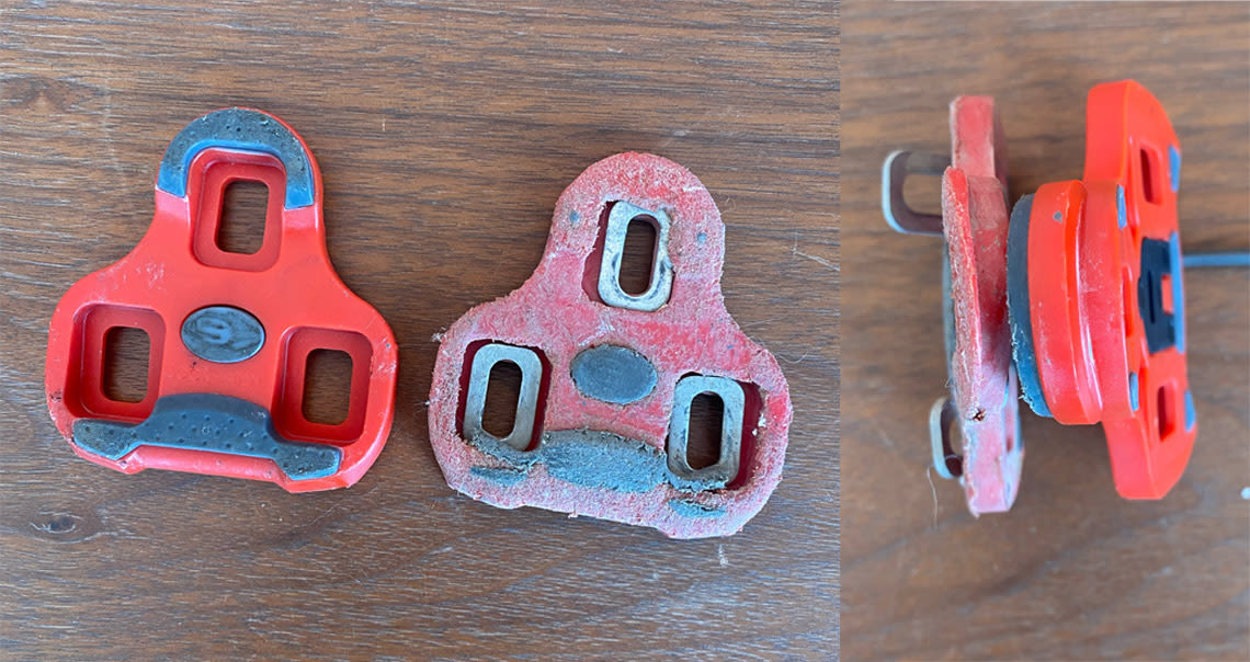 worn out road cycling cleats compared to new road cycling cleats