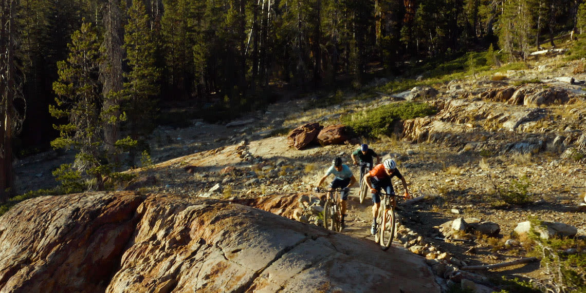 Giant riders Adam Craig, Carl Decker and Stephen Davoust riding in Downieville, California.