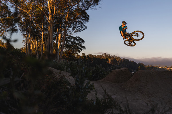 First year elite DH racer Matthew Sterling uses the new Trance X to have some fun with friends on local trails near his home in Santa Cruz, California. Ryan Cleek photo  