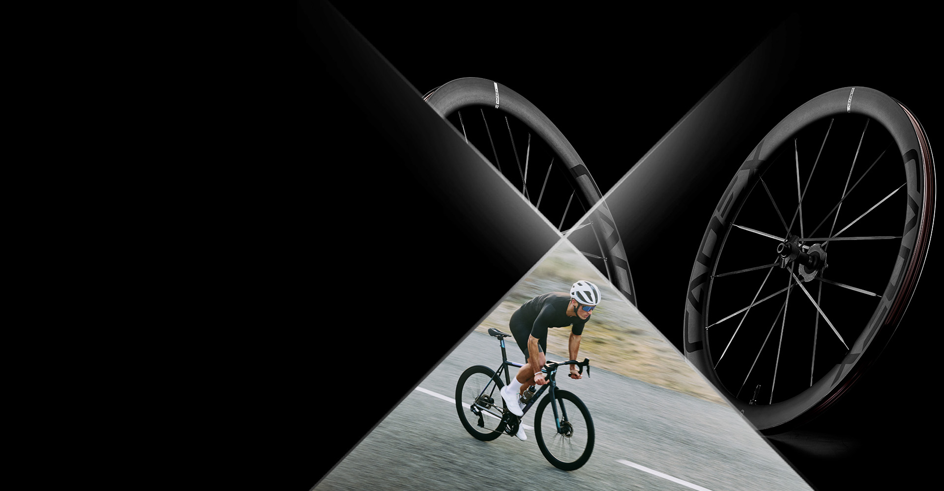 collage of wheels, cyclist and black background
