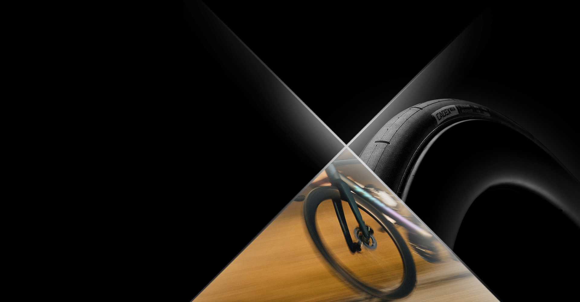 collage of aero tire, cyclist and black banner