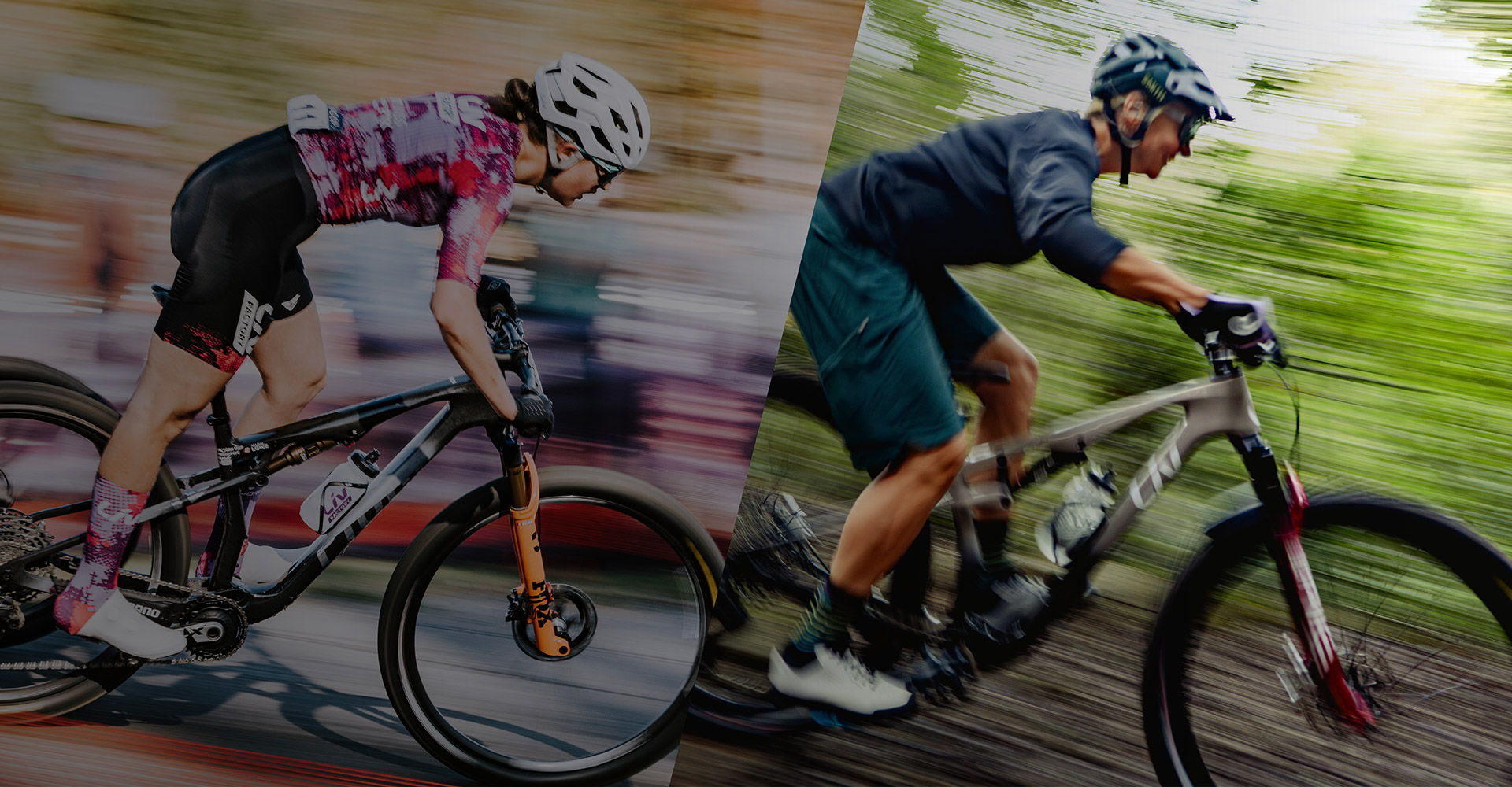 collage of two women mountain bikers on trail