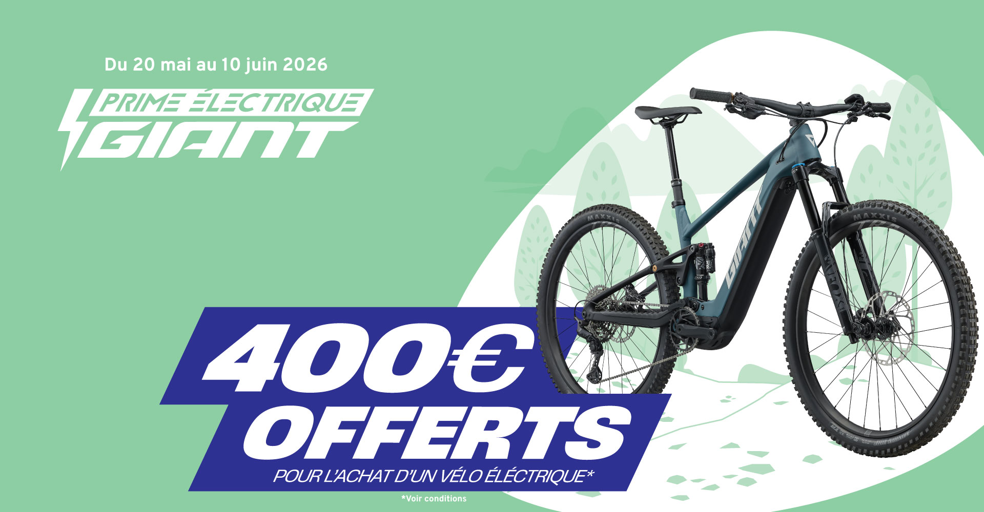 Prime Electrique Giant - Du 20 Mai au 10 Juin, bénéficiez de 400€ offerts pour l'achat d'un vélo électrique Giant ou Liv.