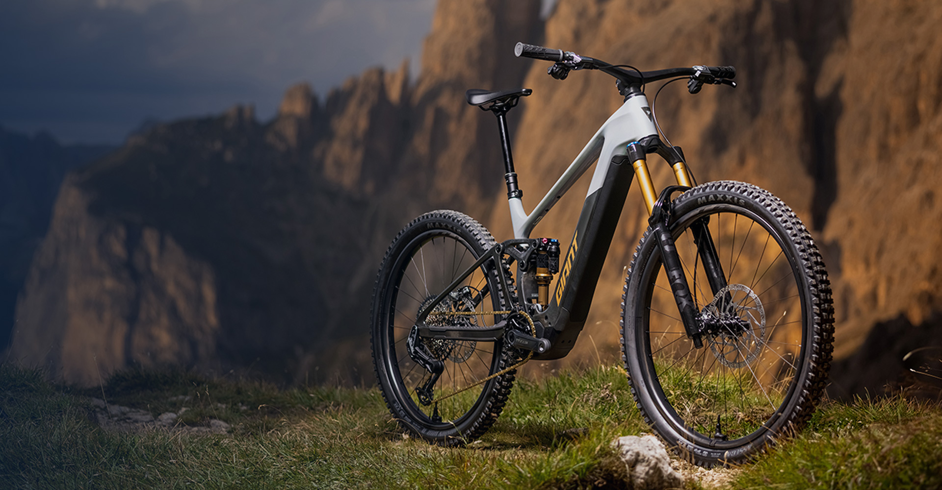 Trance Advanced E+ electric mountain bike posed against beautiful mountain scenery