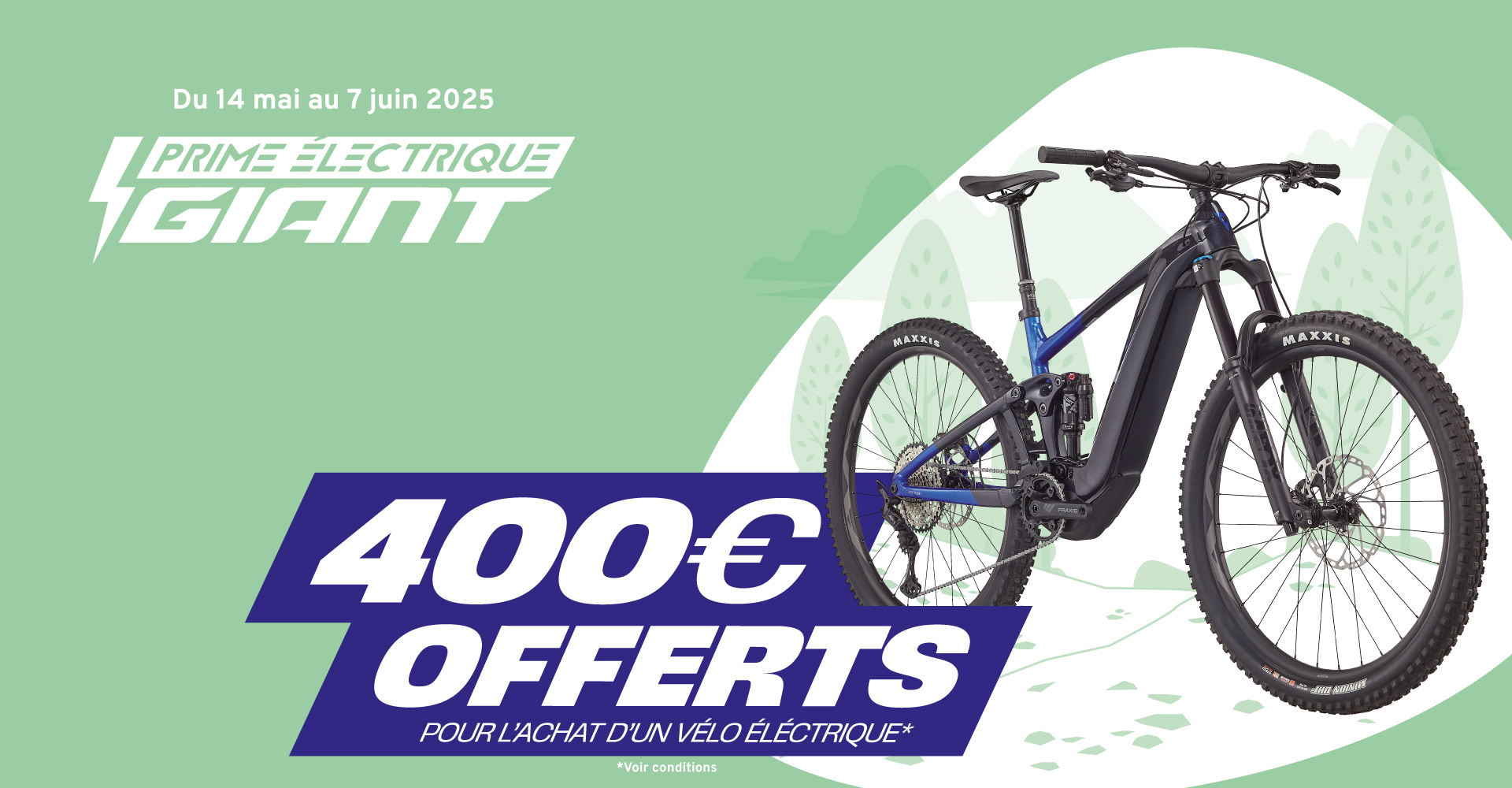 Prime Electrique Giant - Du 14 Mai au 7 Juin, bénéficiez de 400€ offerts pour l'achat d'un vélo électrique Giant ou Liv.