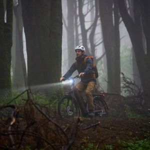 An adventure cyclist utilizes the integrated lights of their Giant AnyTour X E+ while navigating a wooded dirt road in the forest in the late afternoon.