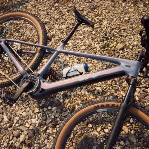 A Liv Tempt E+ mountain bike laying on the side of a trail.