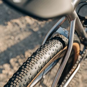 An overhead look of the CADEX GXR tire and how it fits in the rear triangle of a gravel bike.