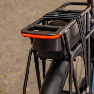 A close up look at the carrier pack battery and rear rack of the Giant Entour E+ city bike.