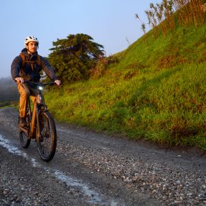 An adventure cyclist riding a Giant AnyTour X E+ takes a dirt road through a grassy wooded canyon.