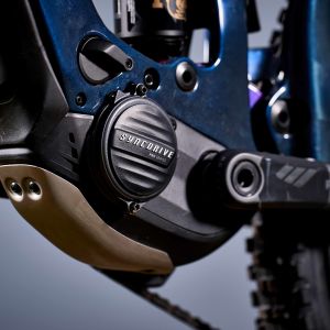 A close up view of the Giant Syncdrive motor on the Giant Reign Advanced E+ enduro mountain bike in the mountains.