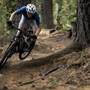 A mountain biker navigates a technical chicane on a forested trail riding a Giant Anthem Advanced SL with a Contact Switch SL dropper seat post.