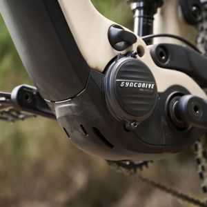 A close up look at the motor from the none drive side on a Giant Stance E+ trail bike staged on a trail.