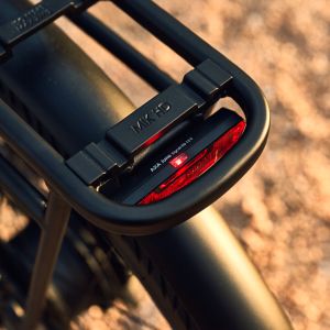 Close up look at rear rack and light on Giant Anytour E+ bike.