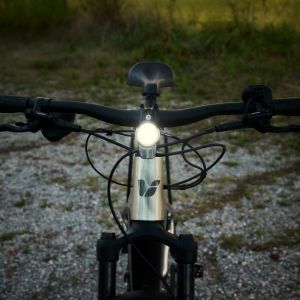 A frontal view of the Liv Tempt E+ EX at dusk with the headlight on.