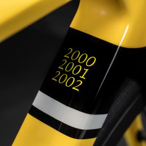 close up view of the years this bike was ridden to victory on the downtube of the Giant TCR Advanced Sl Legends edition.