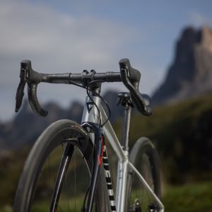 A Giant Seek 1 road bike with a mountain backdrop.