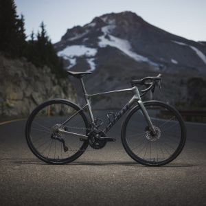 Endurance road bike set against a snow capped mountain road
