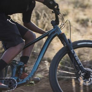 Mountain biker on a Giant Trance Advanced with Crest TR Fork rides by on a trail.