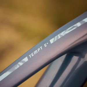 A close up view of the top tube design on a Liv Tempt E+ mountain bike.