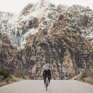 Cyclist with snowy mountains behind him.