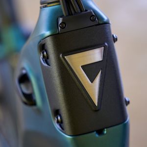 A close up look at the Giant logo on the head tube of the Giant NewTour E+ city bike.