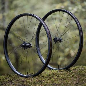 Mountain bike wheel set in a stylized photo