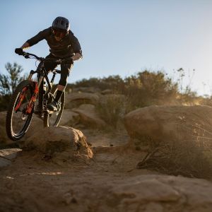 Mountain biker riding down trail