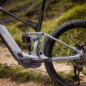 A close up look at the rear Giant TRA wheel with mountains in the background.