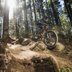 Young mountain bike rider descending in rock garden