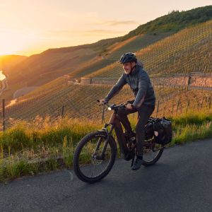 Trekking cyclist on a Stormguard E+ electric bike