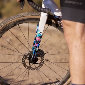 A close look at the custom paint job on the fork of the Giant Revolt Advanced SE gravel bike.