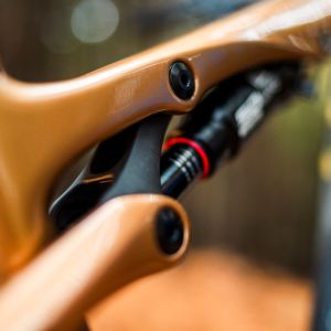 A close up look at the top tube integrated rear suspension mechanism on the Liv Pique Advanced SL CX bike on a tree lined mountain road in fall.