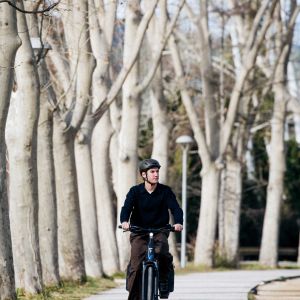 An urban cyclist cruises down a tree lined bike path on their Giant NewTour E+ city bike.