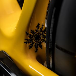 Close up view of the Giant TCR Advanced Sl Legends edition logo at the joint of the chain stays and seat tube.