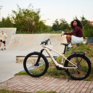 A Liv Tempt E+ EX hardtail mountain bike at a skatepark.