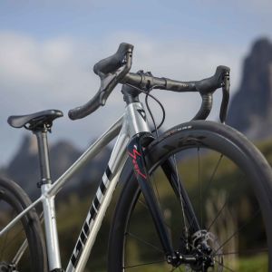 A Giant Seek road bike with SLR 40 1 650b wheels with mountains in the back.