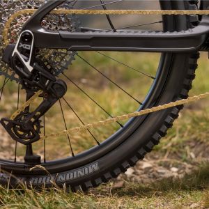 A close up look at the rear TRX HD wheel mounted on a Giant Trance Advanced E+ trail bike.