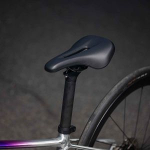 Front overhead Giant Grit Core Lite saddle on a mountain road.