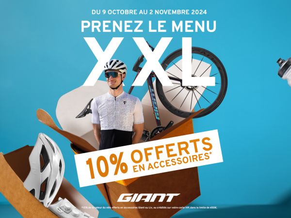 Du 9 octobre au 2 novembre 2024, 10% offerts en accessoires Giant pour l’achat d’un vélo, plafonné à 450€ avec l'Opération Privilège.