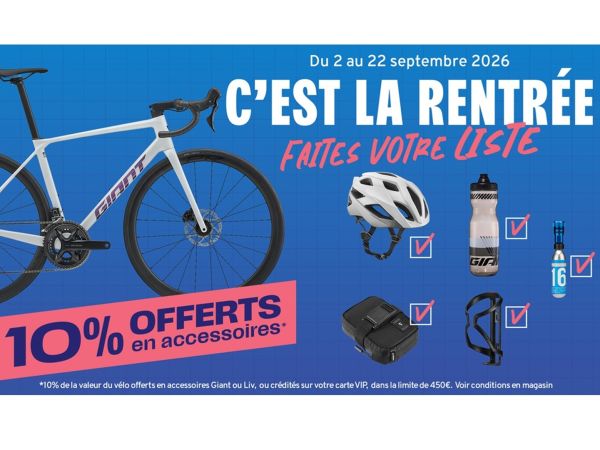 Pour l'achat d'un vélo neuf, 10% du prix de votre vélo en accessoires Giant