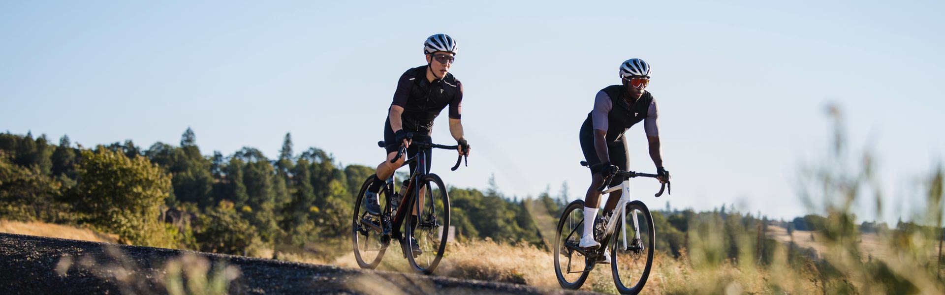 Two road cyclists riding endurance road bikes
