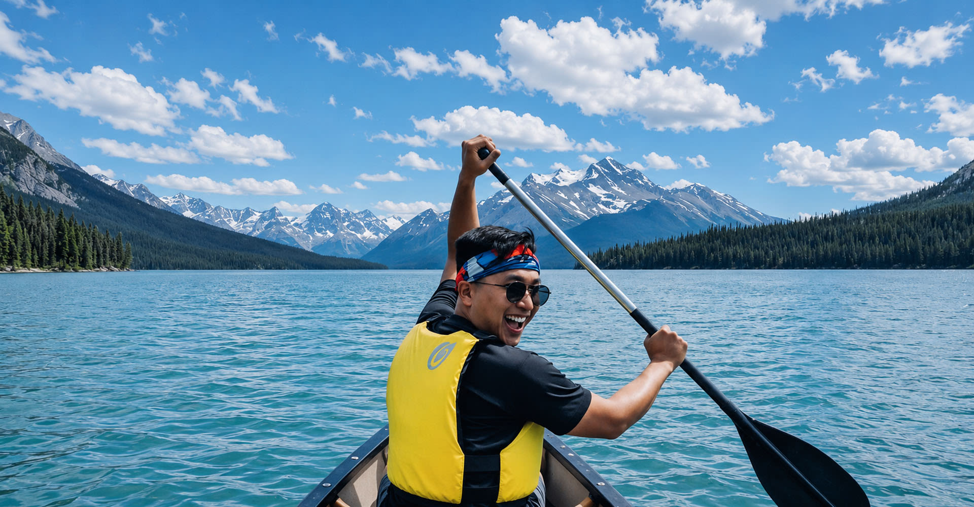 Andrew Gunnarolla wearing life jacket kayaking in the lake