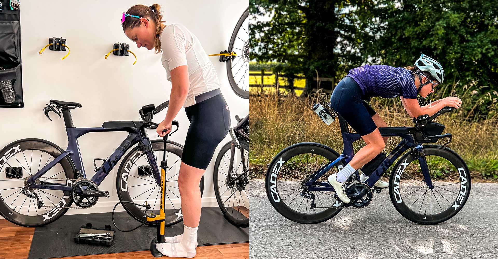 Triathlete pumping air in her bike so she can race.